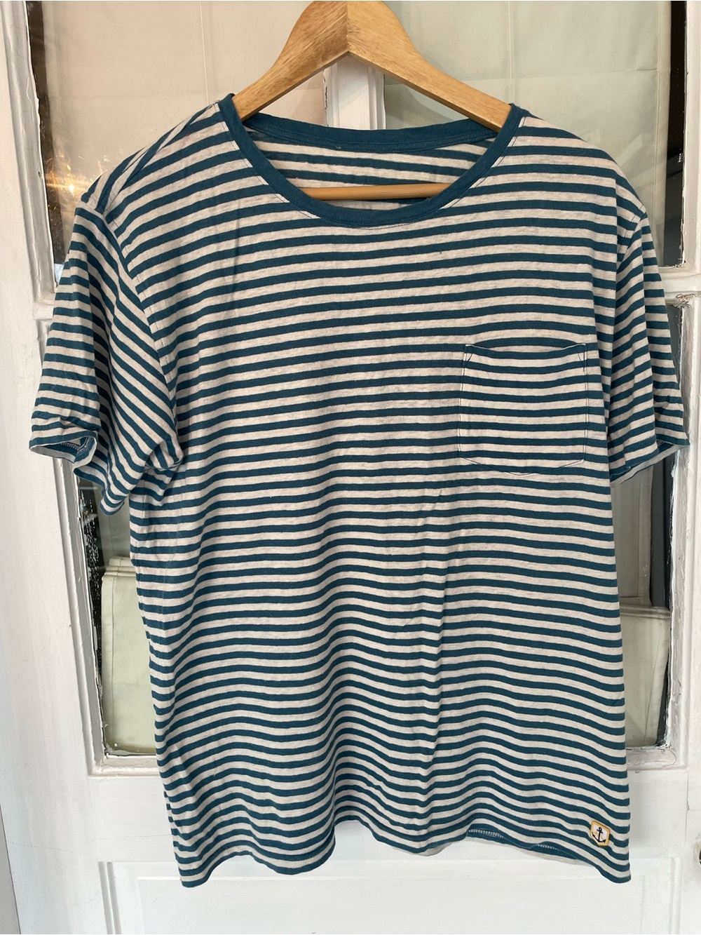 Armor Lux Linen-Cotton Teal & White Striped Short-Sleeve Pocket Tee